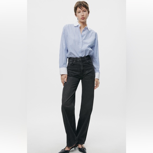 ZARA CONTRAST STRIPED SHIRT ZW COLLECTION SIZE S BLUE/BLACK 9479/307 NWT - Picture 1 of 5